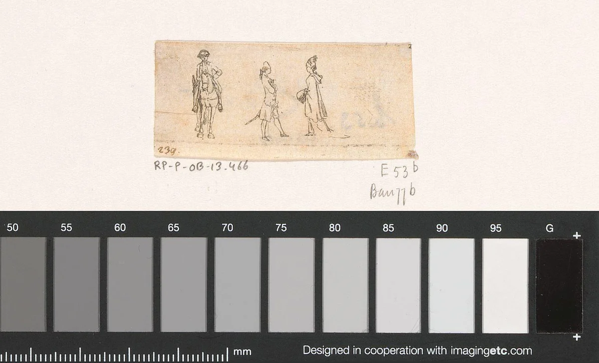 Ruiter, man met degen en vrouw met mof by Daniel Nikolaus Chodowiecki, print, 1769