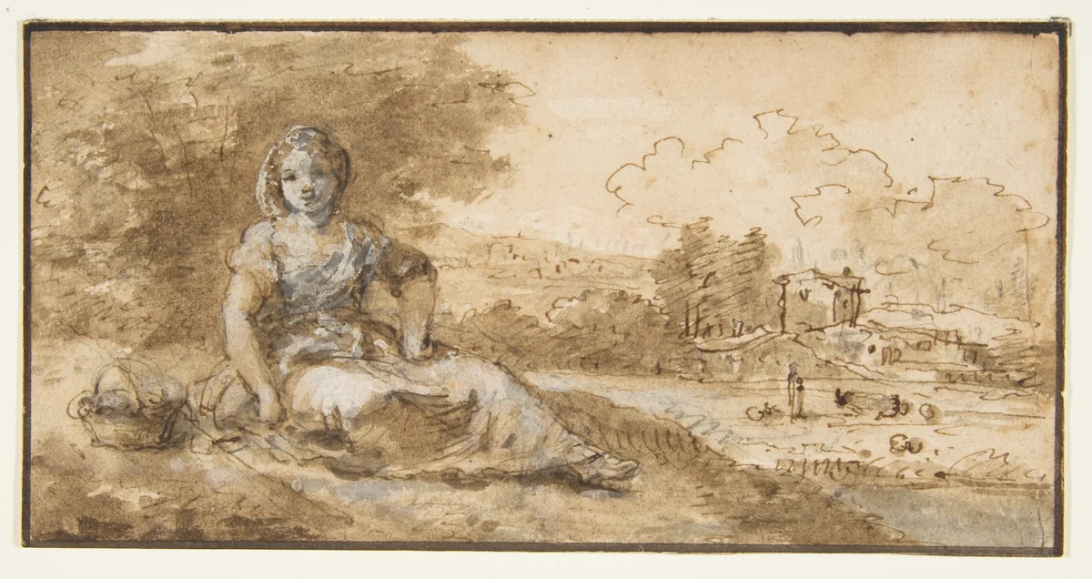 Seated Girl in a Landscape by Francesco Zuccarelli, drawing, 1720-1788