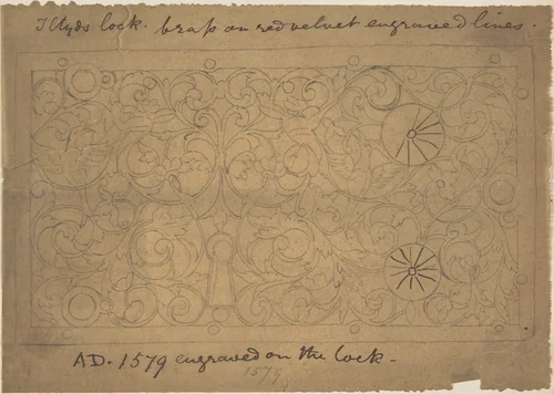 Ornamental Brass Lock, 1579 by Richardson Ellson, drawing, 1875-1885