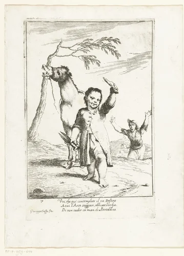 Bertoldino snijdt de oren van een ezel af by Giuseppe Maria Crespi, print, 1710-1715
