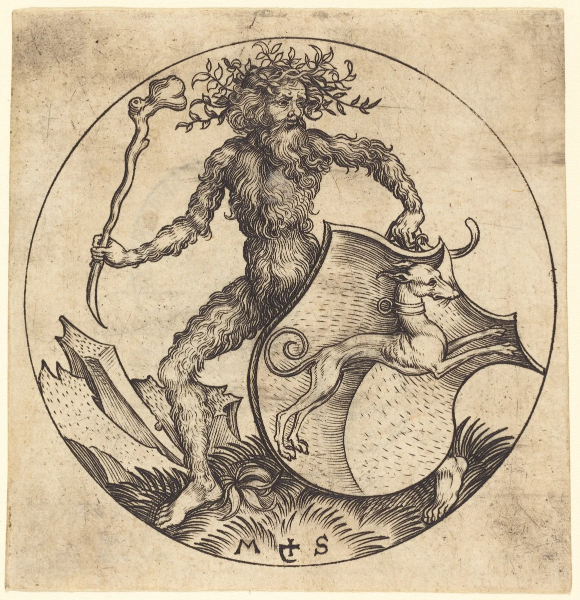 Wild Man Holding a Shield with a Greyhound by Martin Schongauer, print, 1480-1490