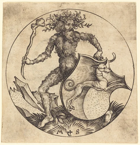 Wild Man Holding a Shield with a Greyhound by Martin Schongauer, print, 1480-1490