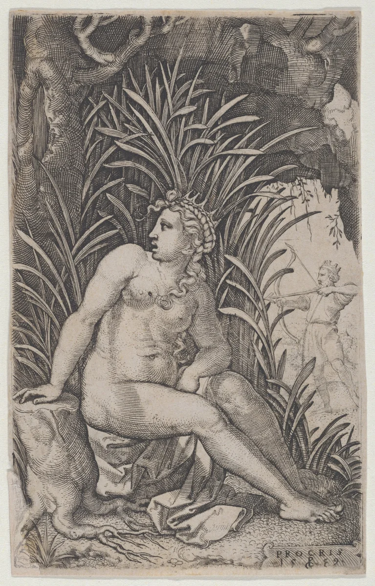 Cephalus and Procris, from "The Greek Heroines" by Georg Pencz, print, 1539