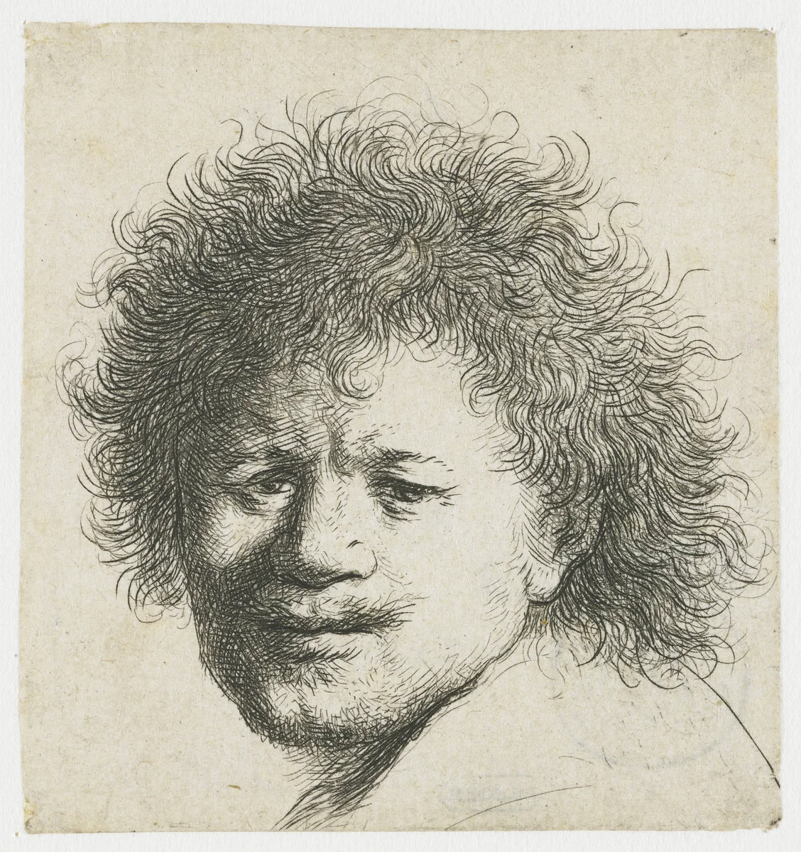 Self-portrait with long bushy hair: head only by Rembrandt van Rijn, print, 1631