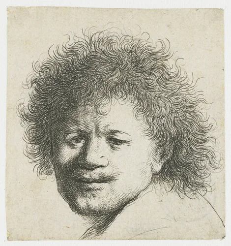 Self-portrait with long bushy hair: head only by Rembrandt van Rijn, print, 1631
