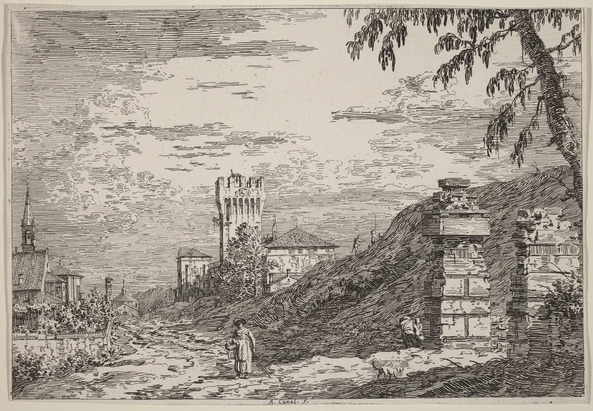Landscape with Tower and Two Ruined Pillars by Canaletto, print, 1735-1746