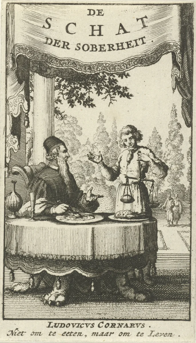 Oude man voert al etend aan tafel een gesprek met een jongen by Jan Luyken, print, 1696
