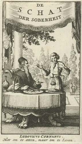 Oude man voert al etend aan tafel een gesprek met een jongen by Jan Luyken, print, 1696