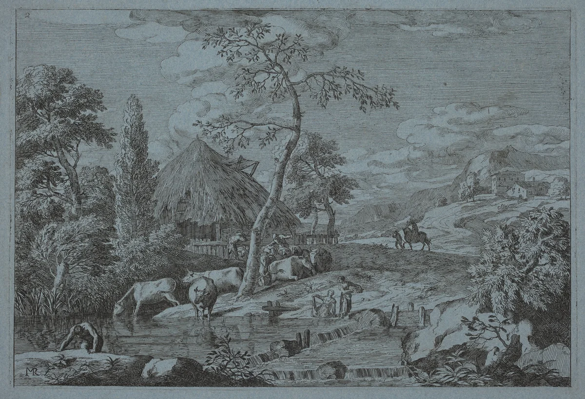 Cattle and Figures at a Farmyard Stream by Marco Ricci, print, 1676-1729