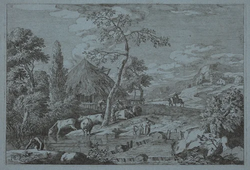 Cattle and Figures at a Farmyard Stream by Marco Ricci, print, 1676-1729
