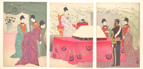 Illustration of the Empress Visiting the General Staff Headquarters [to present a tray of bandages] (Sanbō honbu gyōkei no zu) by Kobayashi Kiyochika, print, 1895