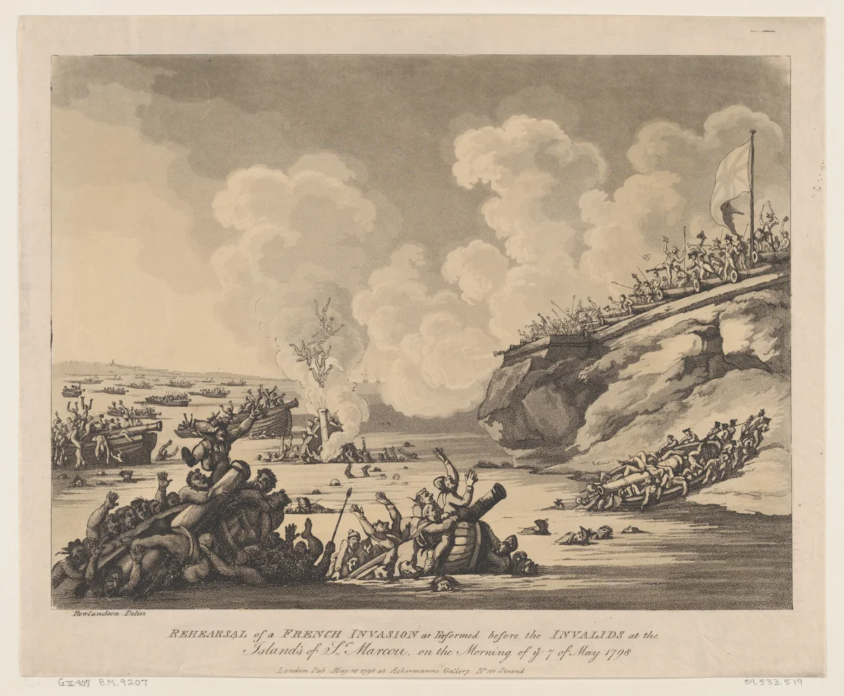 Rehearsal of a French Invasion as Performed before the Invalids at the Islands of St Marcou on the Morning of the 7th of May 1798 by Thomas Rowlandson, print, 1798