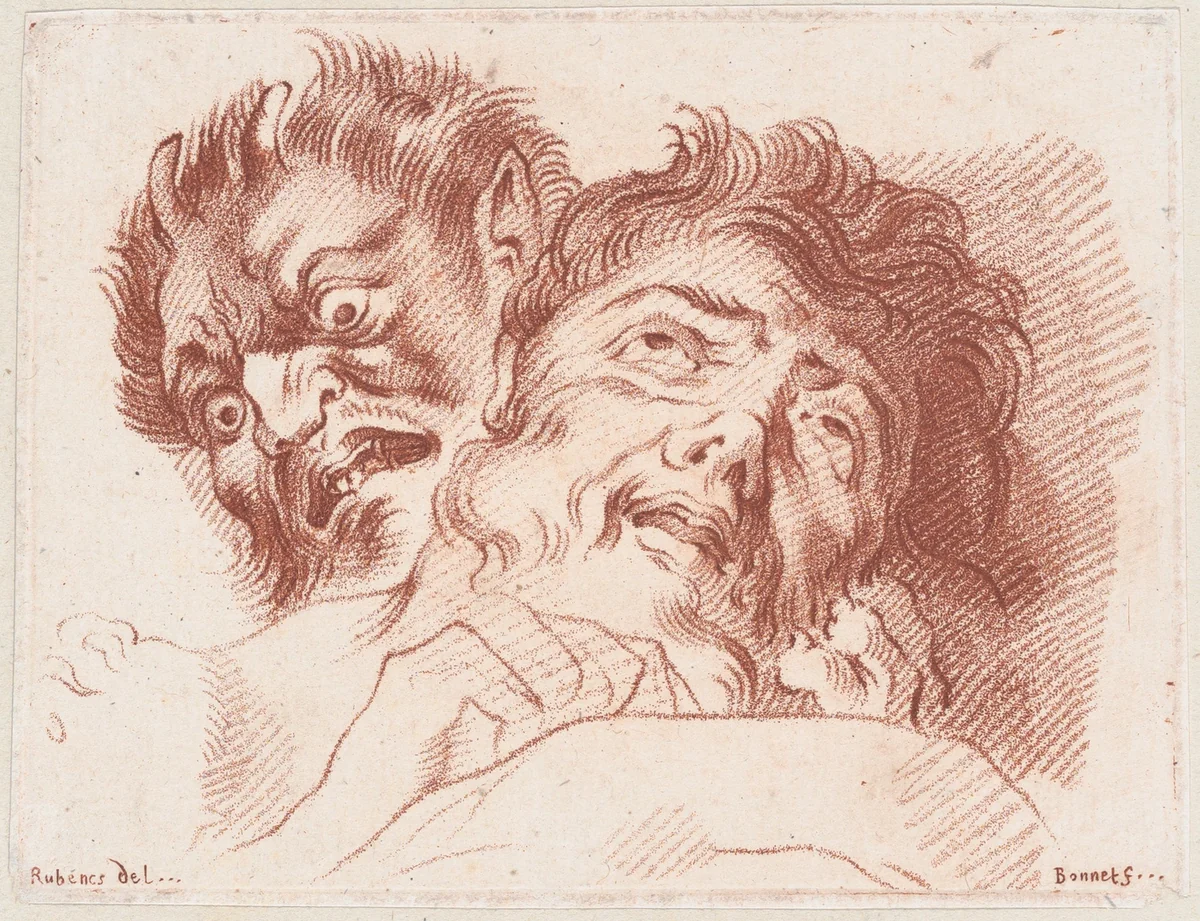 Head of a man and a satyr by Louis Marin Bonnet, print, 1750-1793