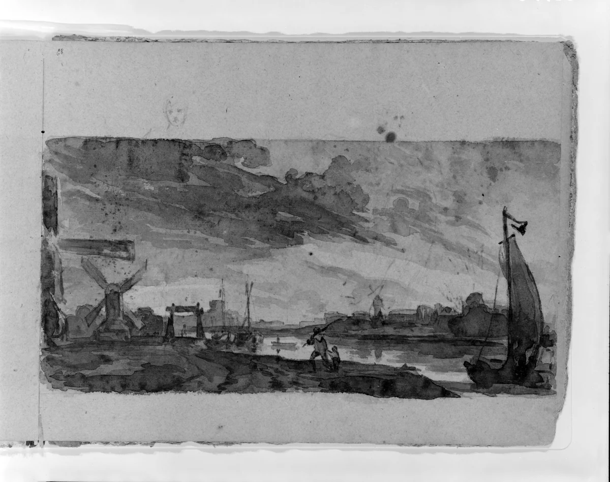 Cityscape with Windmills (Copy after Jan Van Goyen or Salomon Van Ruisdael?) (from Sketchbook) by Thomas Sully, artwork, 1810-1820