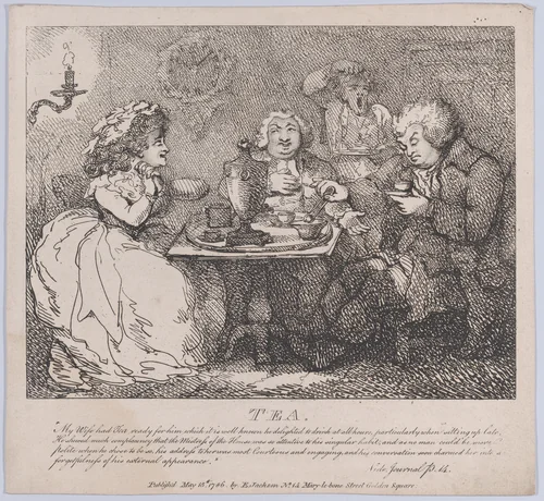 Tea (Picturesque Beauties of Boswell, Part the First) by Thomas Rowlandson, print, 1786