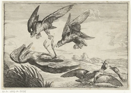 Twee valken vallen een reiger aan by Peeter Boel, print, 1657
