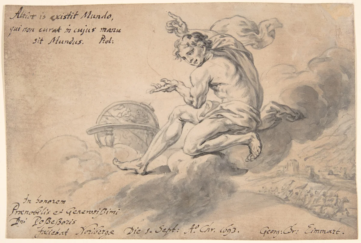 Man Sitting on a Cloud Above a Battlefield, Pointing to a Globe by Georg Christoph Eimmart, drawing, 1693
