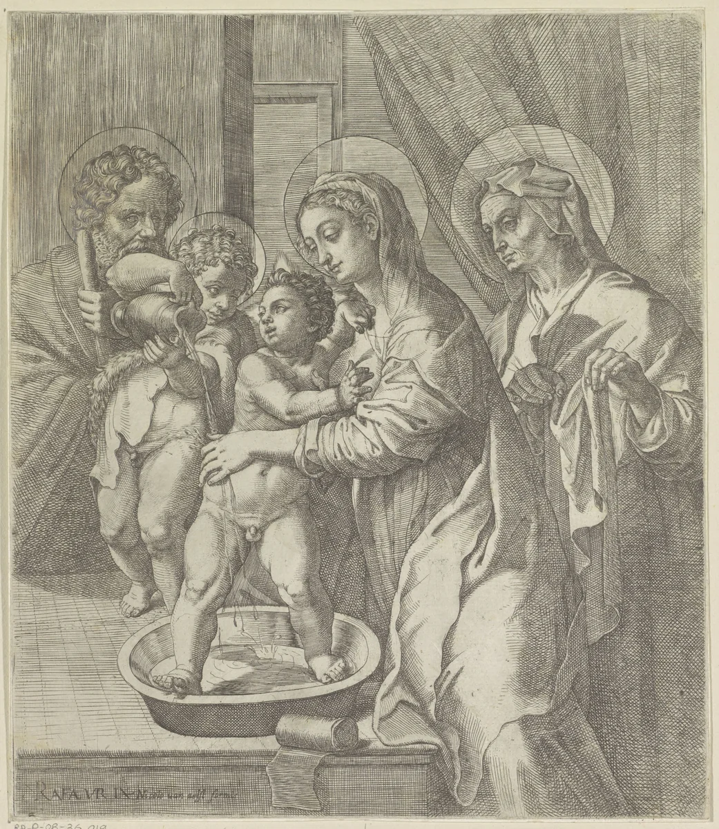 Maria en de jonge Johannes de Doper wassen het Christuskind by Pietro Facchetti, print, 1575-1613