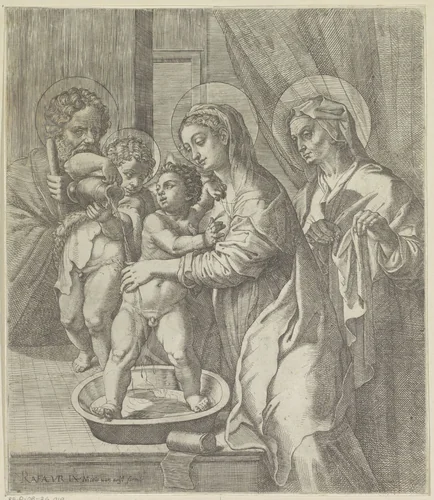 Maria en de jonge Johannes de Doper wassen het Christuskind by Pietro Facchetti, print, 1575-1613