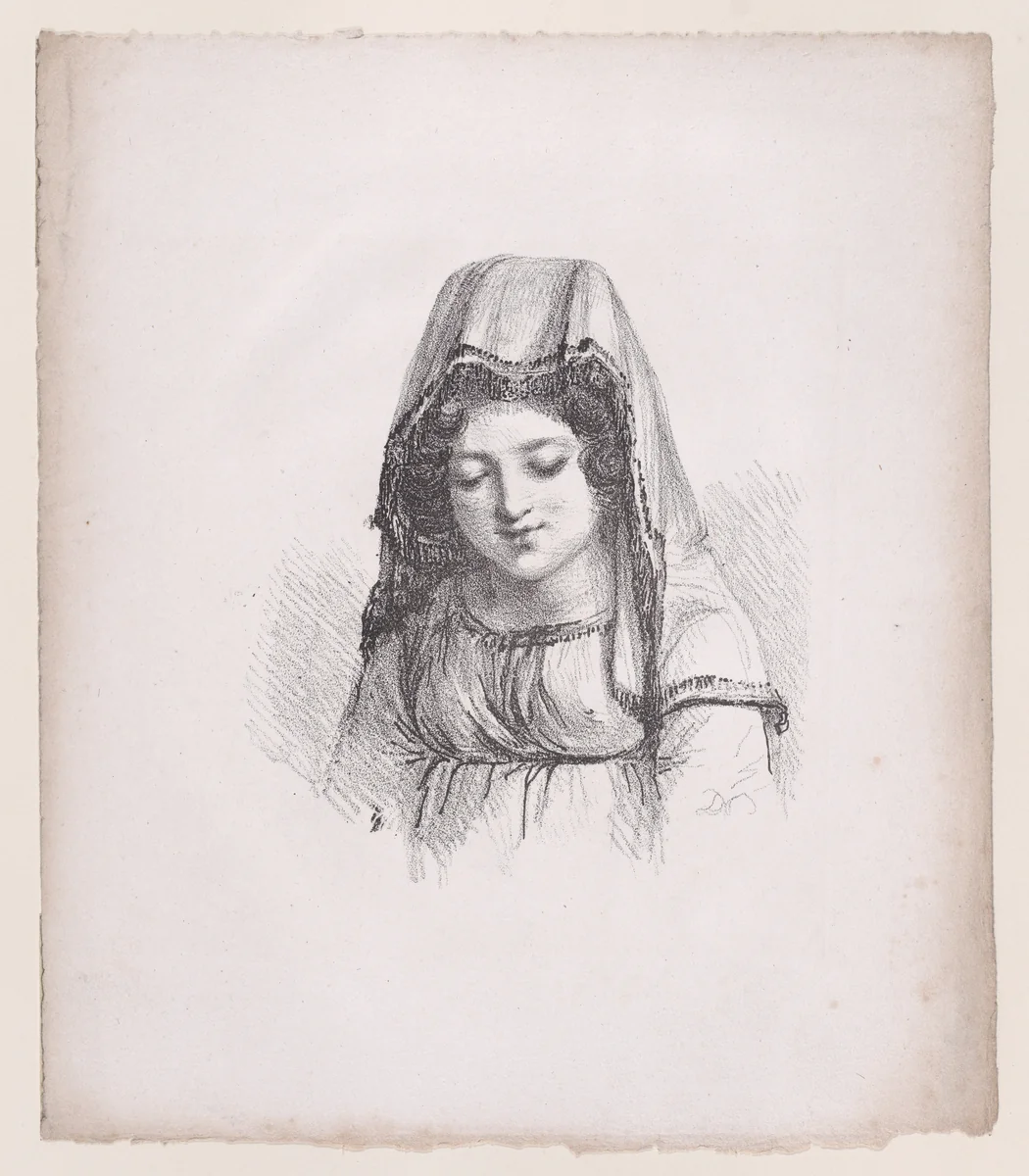 Young girl in peasant dress with veil by Dominique Vivant Denon, print, 1800-1825