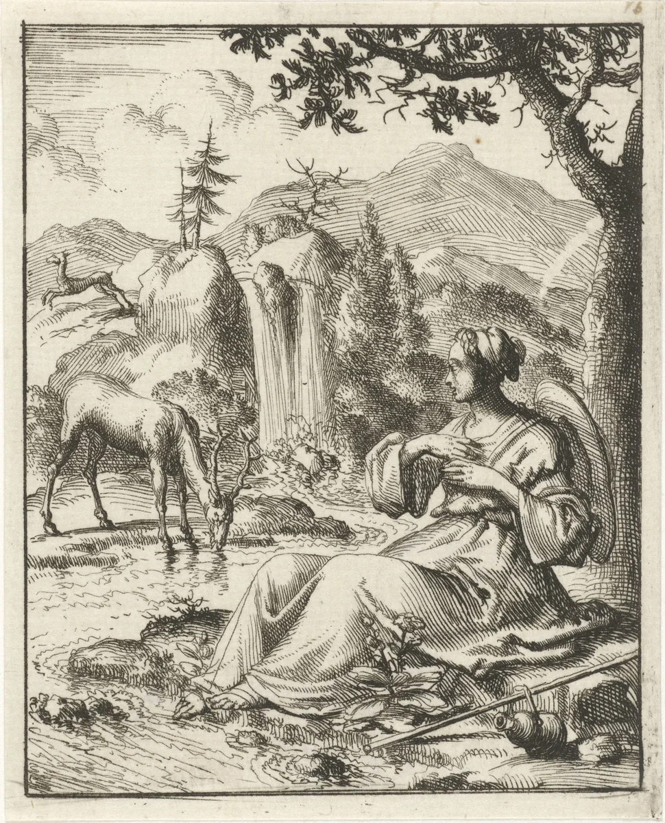 Aan de oever van een beek aanschouwt een vrouw een drinkend hert by Jan Luyken, print, 1687