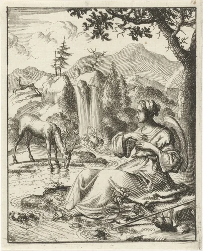 Aan de oever van een beek aanschouwt een vrouw een drinkend hert by Jan Luyken, print, 1687