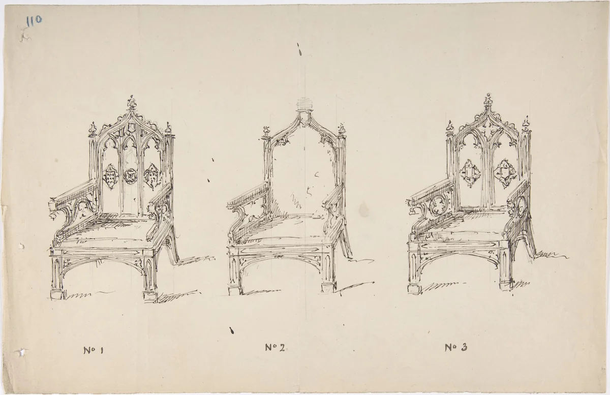 Design for Three Low Gothic Style Arm Chairs by anonymous, drawing, 1800-1850