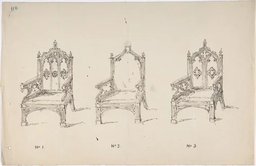 Design for Three Low Gothic Style Arm Chairs by anonymous, drawing, 1800-1850