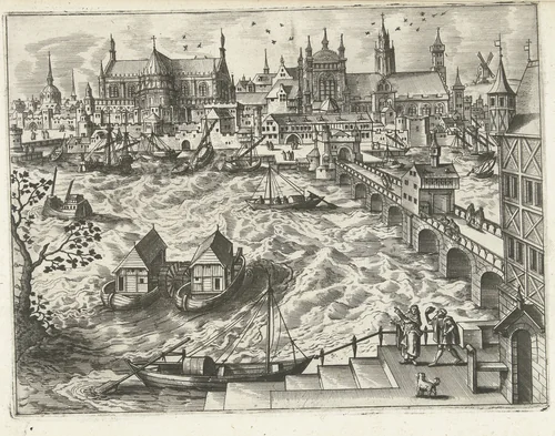 Stadsgezicht met brug en haven by Unknown, print, 1570-1580