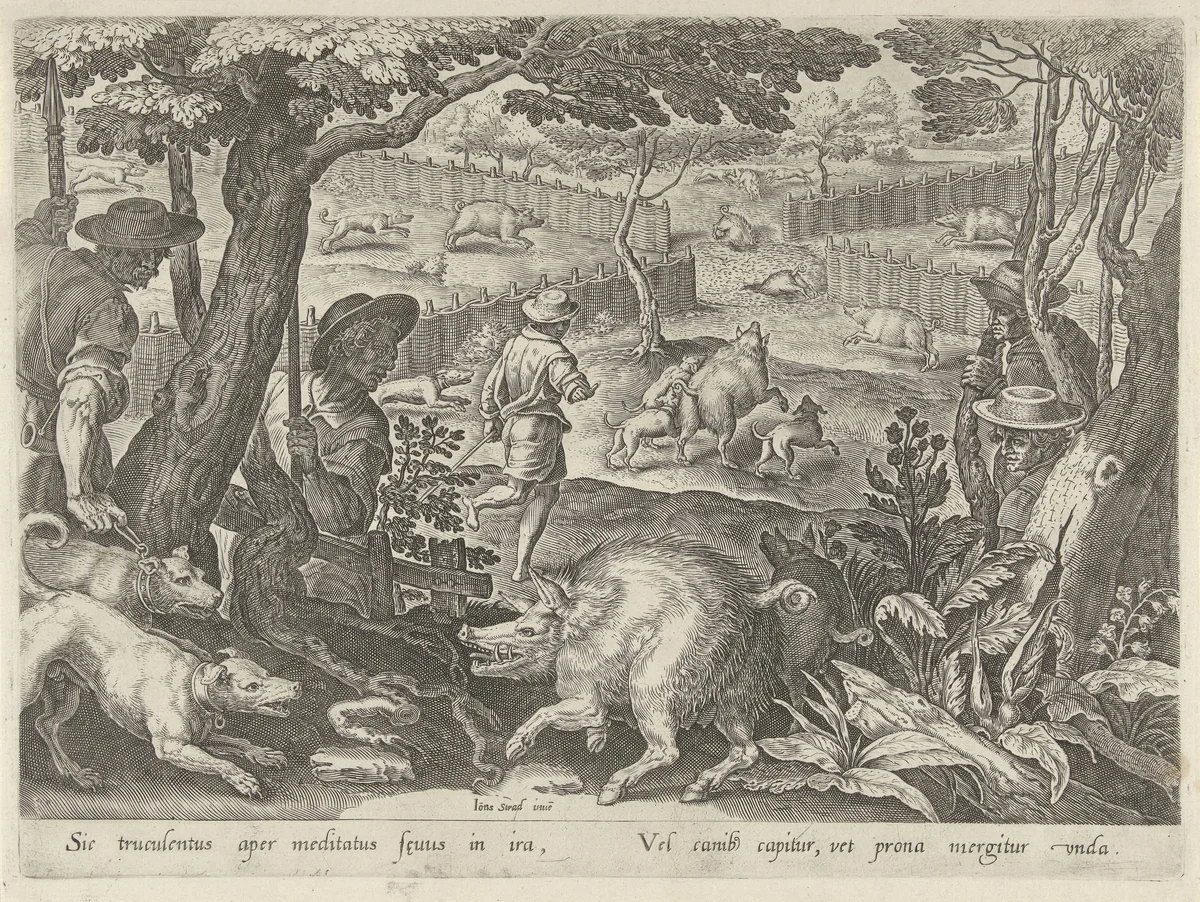 Drijfjacht op zwijnen by Philips Galle, print, 1578