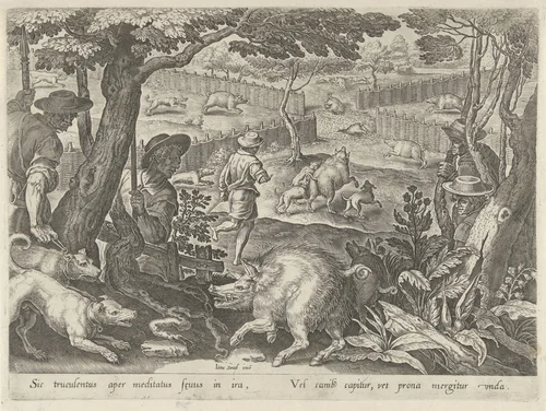 Drijfjacht op zwijnen by Philips Galle, print, 1578