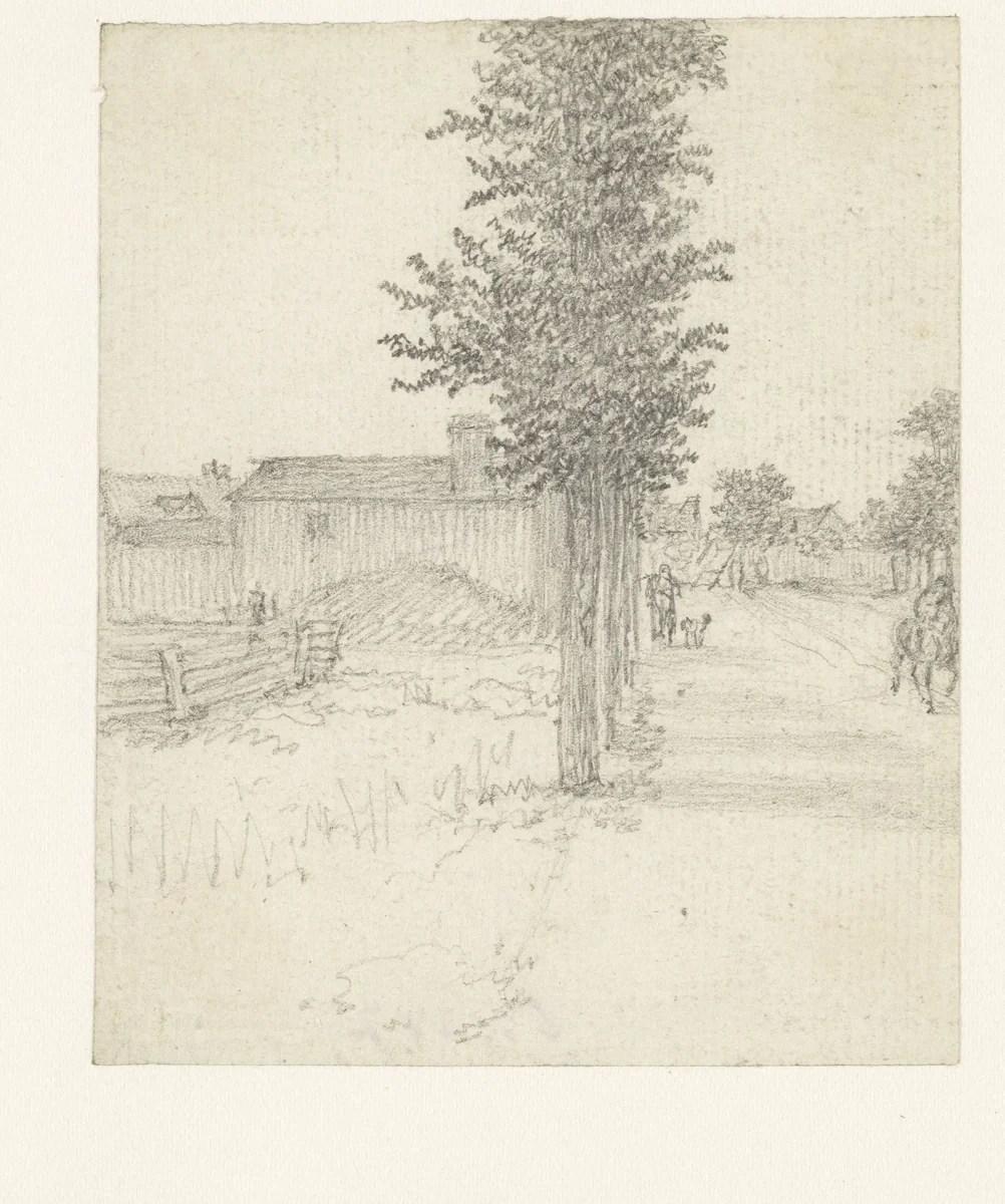 Landwegje met bomen links en enige huizen aan dezelfde kant by Georges Michel, drawing, 1773-1843
