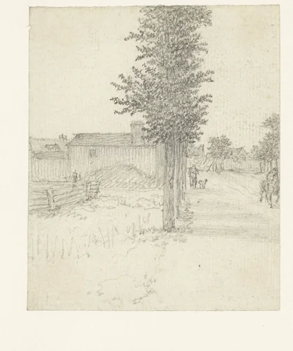 Landwegje met bomen links en enige huizen aan dezelfde kant by Georges Michel, drawing, 1773-1843