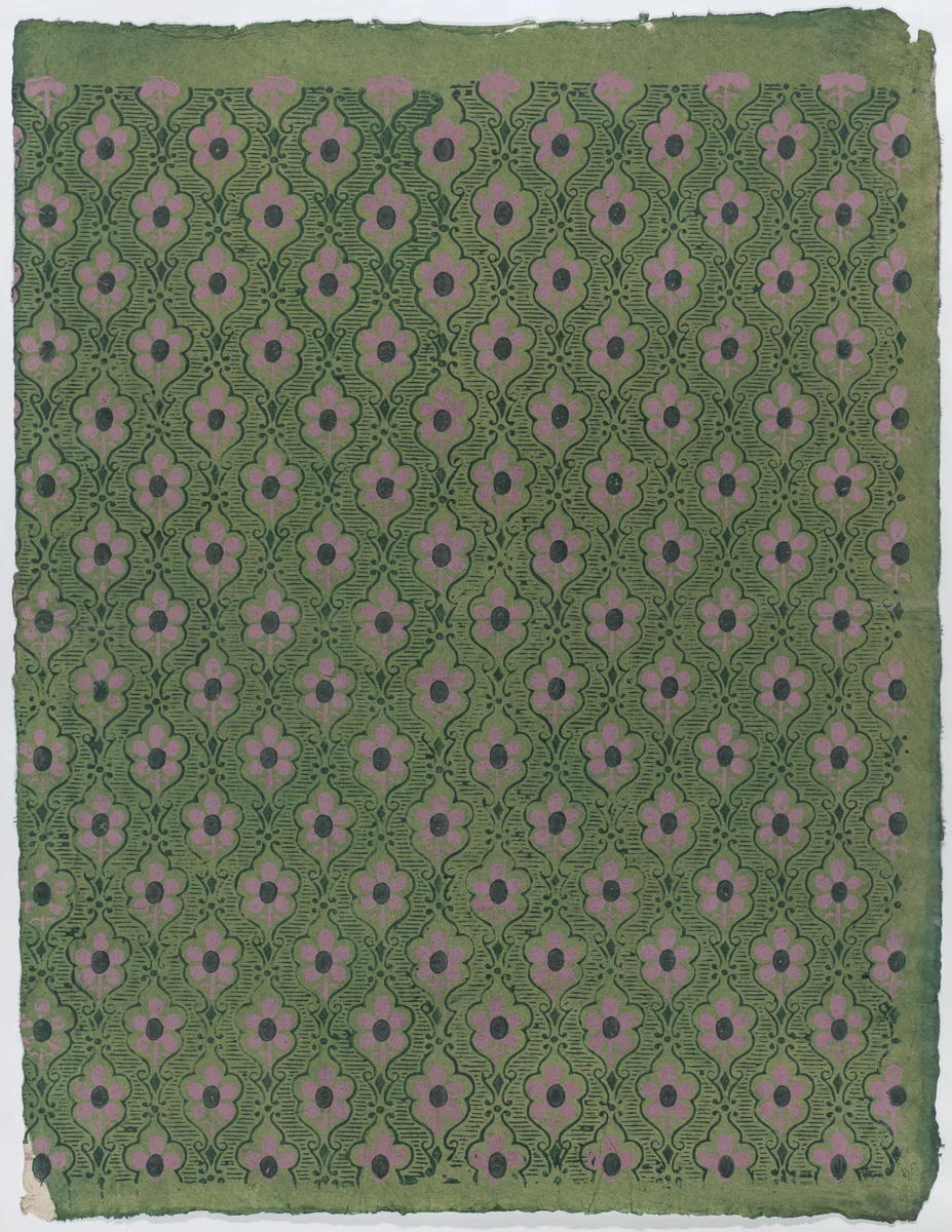 Sheet with overall pink floral pattern on green background by anonymous, print, 1775-1875