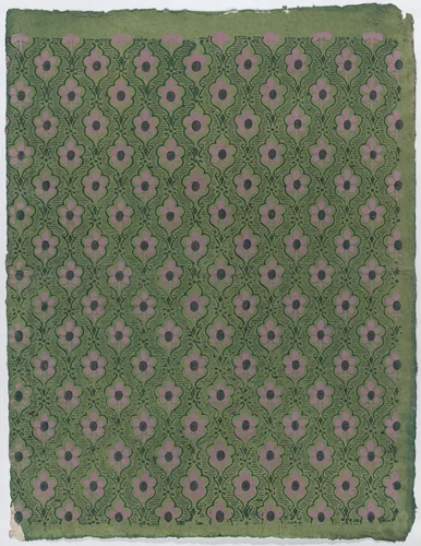 Sheet with overall pink floral pattern on green background by anonymous, print, 1775-1875