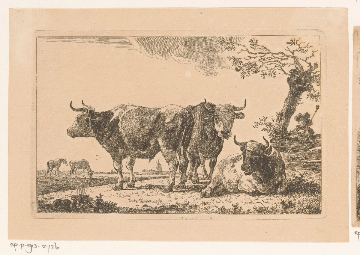 Drie runderen met een herder achter een hek by Jean Baptiste de Roy, print, 1769-1839