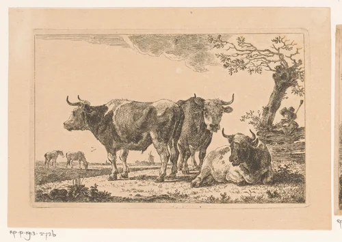 Drie runderen met een herder achter een hek by Jean Baptiste de Roy, print, 1769-1839