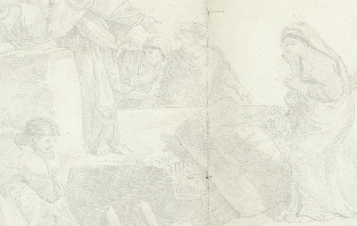 De ontdekking van de grafsteen van Hubert Robert by Hubert Robert, drawing, 1743-1808