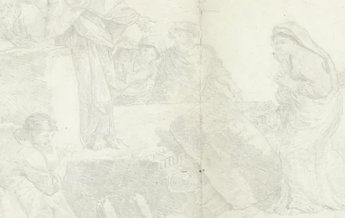 De ontdekking van de grafsteen van Hubert Robert by Hubert Robert, drawing, 1743-1808