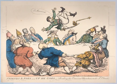 Friends and Foes–Up He Goes–Sending the Corsican Munchausen to St. Cloud's by Thomas Rowlandson, print, 1813