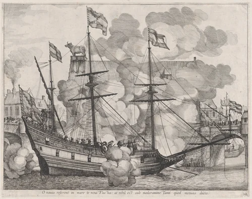 Plate 38: Triumphal ship with the city of Ghent in the background; from Guillielmus Becanus's 'Serenissimi Principis Ferdinandi, Hispaniarum Infantis...' by Johannes Meursius, print, 1636