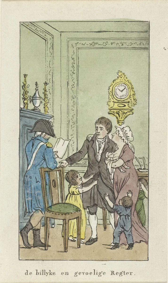 Interieur met gezin en officier by Johannes Jelgerhuis, print, 1828
