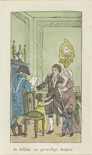 Interieur met gezin en officier by Johannes Jelgerhuis, print, 1828