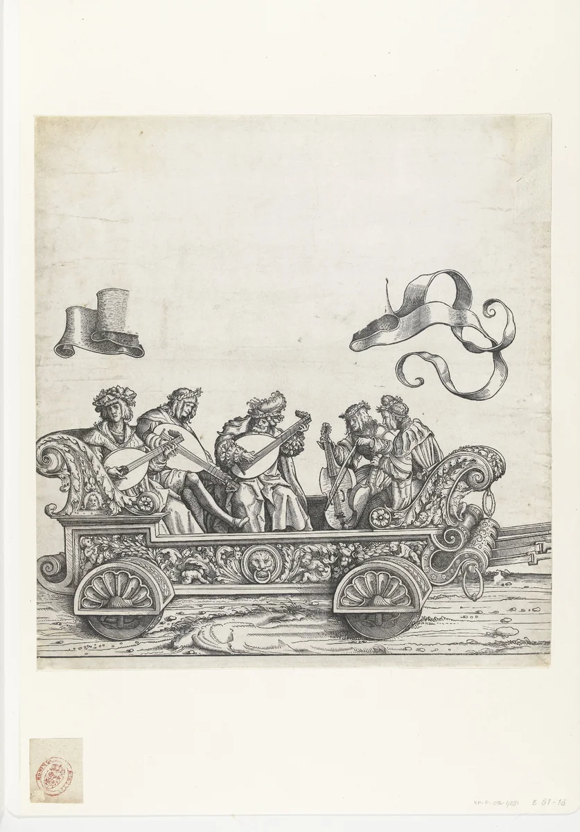 Triomfwagen met luitspelers en viola da gambaspelers by Hans Burgkmair, print, 1483-1526
