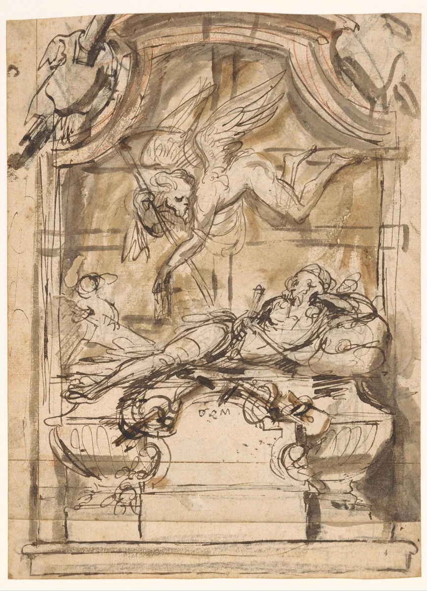 Ontwerp voor een grafmonument met een gisant by Pieter Verbruggen, drawing, 1619-1686