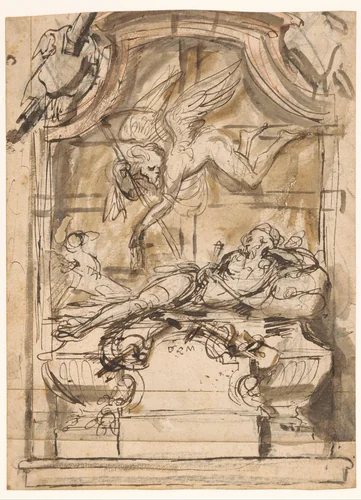 Ontwerp voor een grafmonument met een gisant by Pieter Verbruggen, drawing, 1619-1686