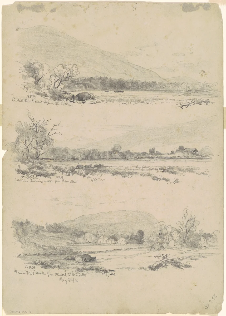 Catskill Mountains, Round-Top in the Distance; Catskills Looking North from Palenville; and Round Top, Catskills, from the Road to Bracketts [verso] by Andrew Fisher Bunner, drawing, 1866