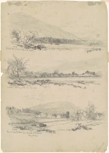 Catskill Mountains, Round-Top in the Distance; Catskills Looking North from Palenville; and Round Top, Catskills, from the Road to Bracketts [verso] by Andrew Fisher Bunner, drawing, 1866
