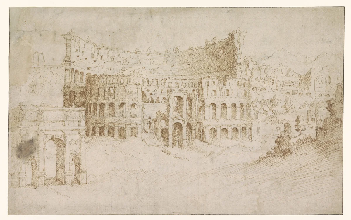 Gezicht op het Colosseum, de boog van Constantijn en de omgeving by anonymous, drawing, 1500-1600