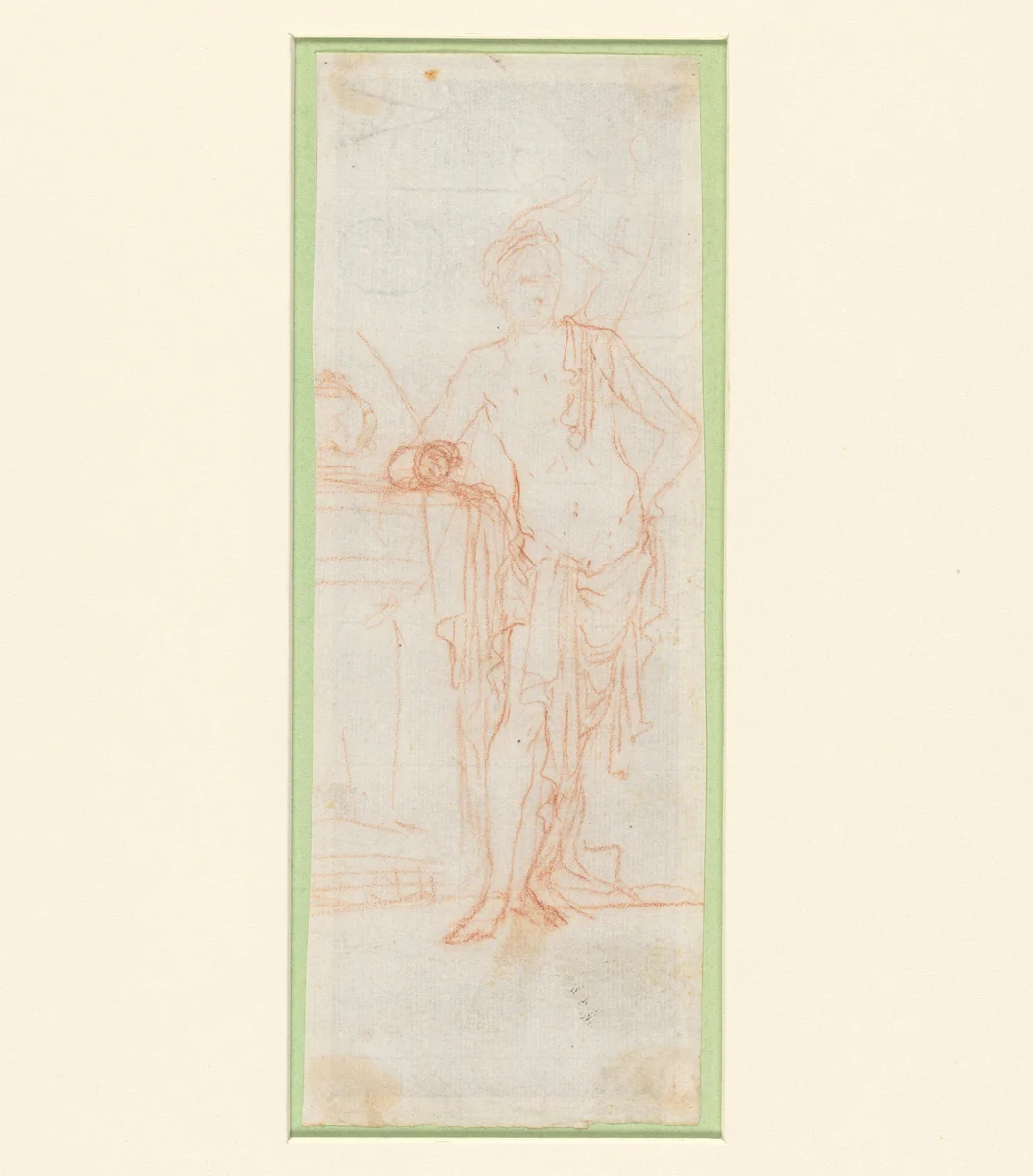 Staande man bij een piedestal by Giulio Carpioni, drawing, 1621-1674